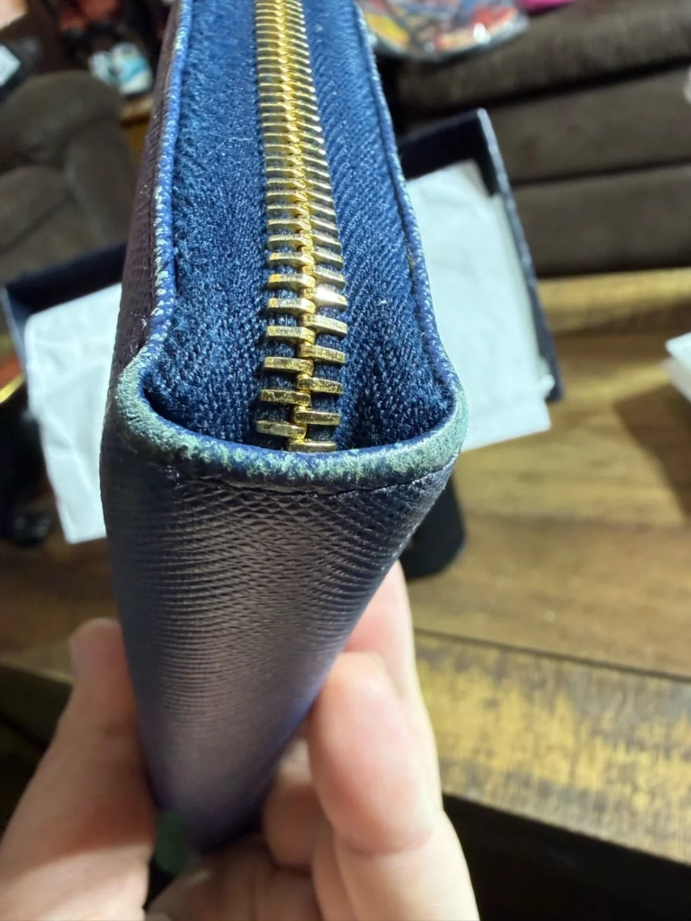 Prada Blue Saffiano Leather Zip Wallet with Gold Logo - Picture 8 of 16